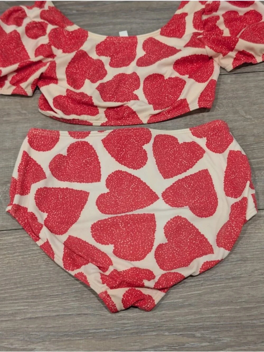 Mini Boden Girls 8-9Y Puff Sleeve Bikini Two Piece Red Hearts Cream Swimsuit